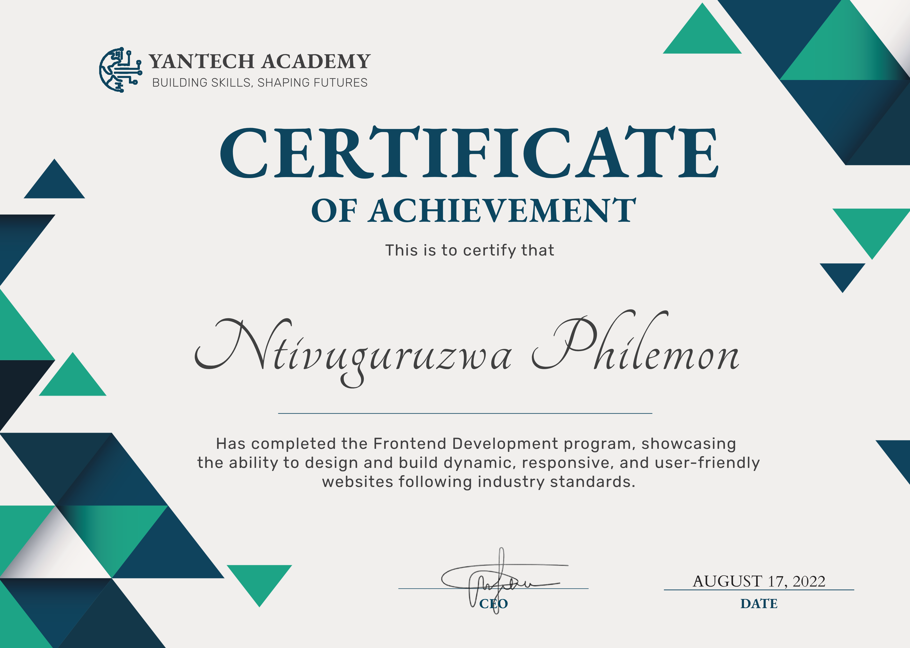 Software Development certificate from Yantech Academy